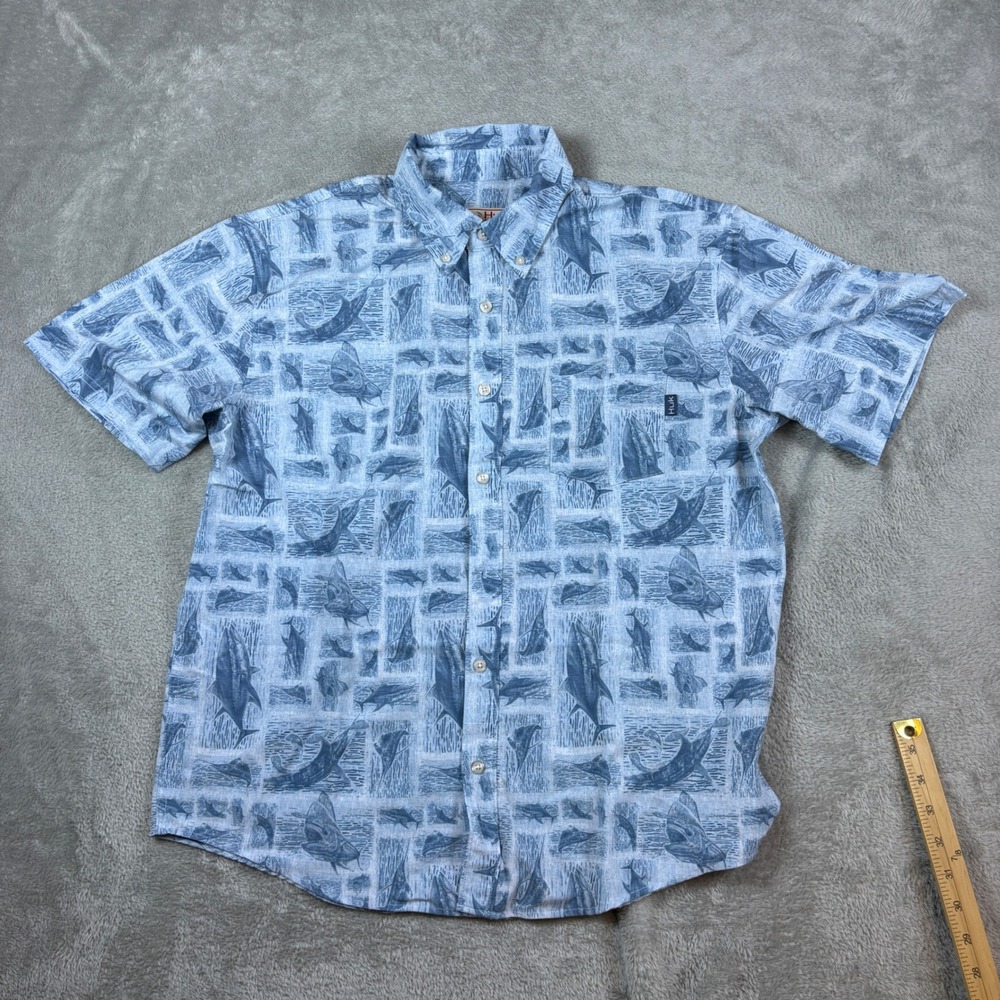 Huk Shirt Men M Fishing Button Down Marlin Graphic Print Blue Outdoors Pocket